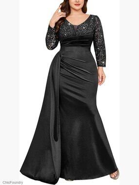 Plus Sequin Lace Satin Mermaid Formal Wedding Evening Gown with Train